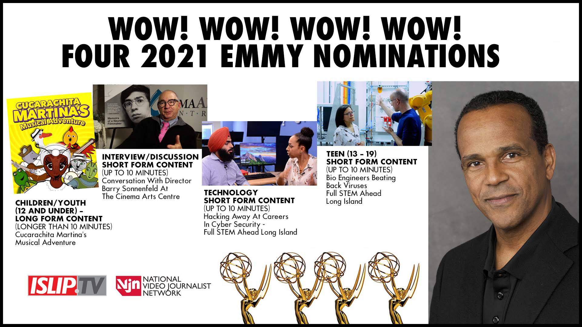 Wow! Wow! Wow! Wow! Four 2021 Emmy® Nominations for Islip TV & NVJN